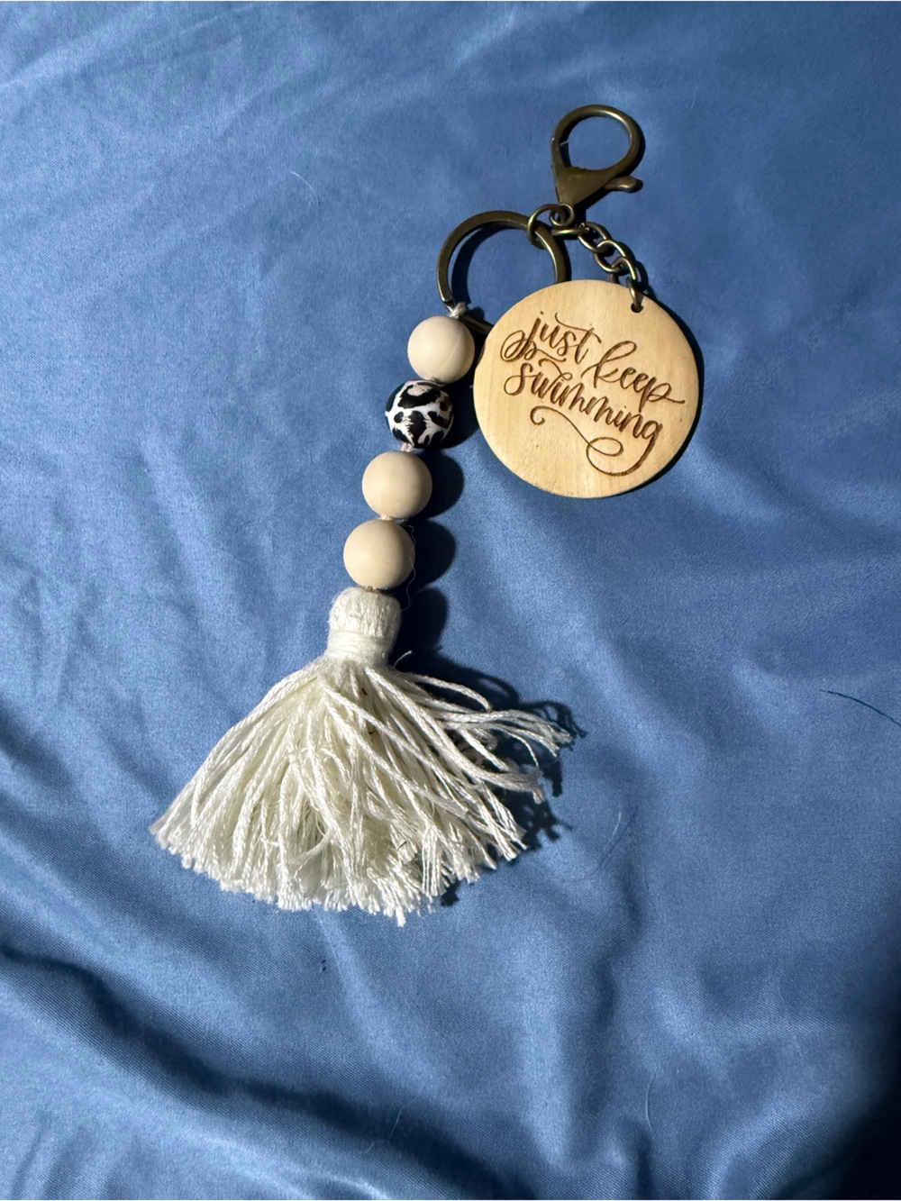 Neutral Tassel Bead Keychain - White Tassel